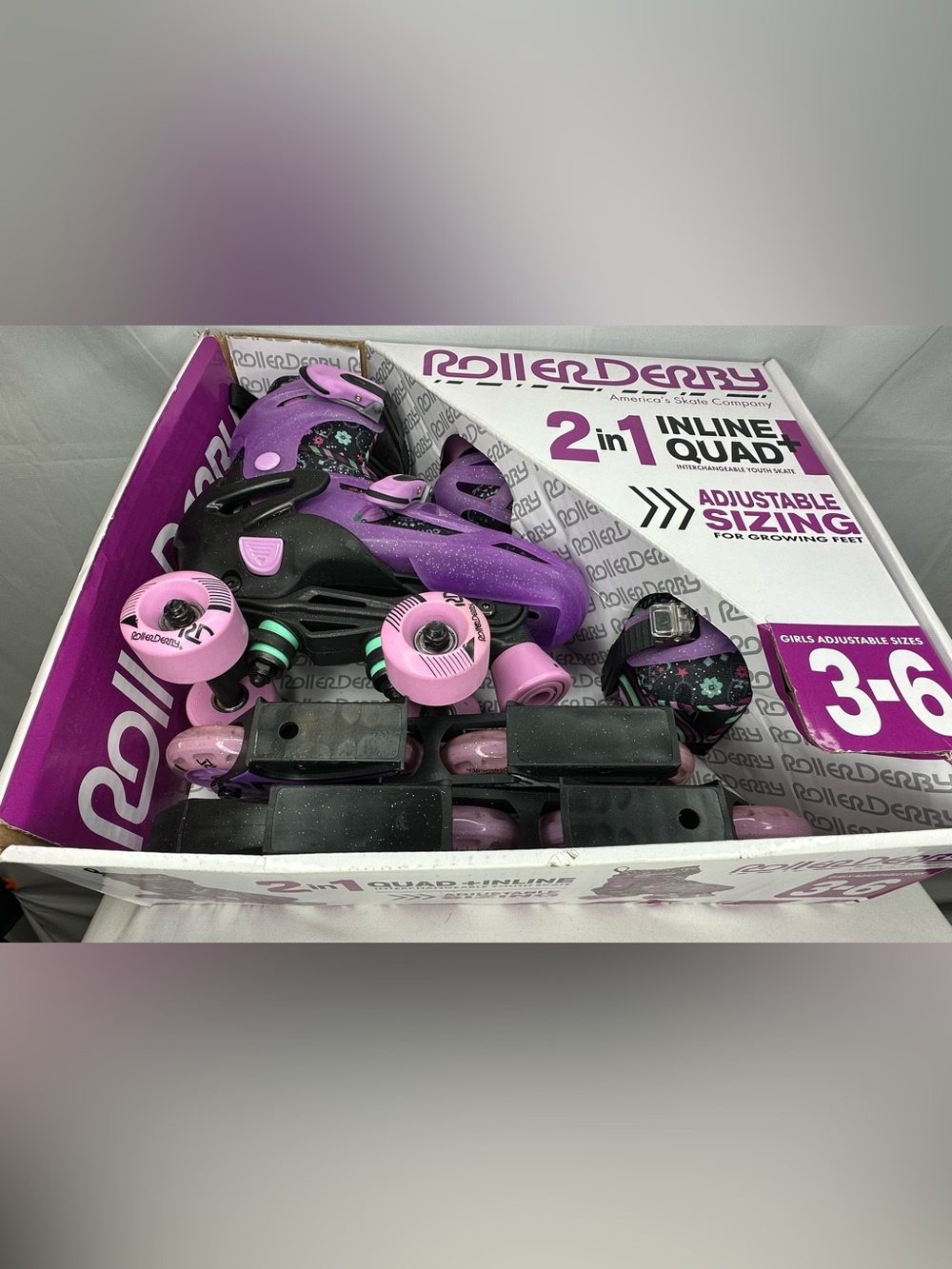Roller Derby Girls' Adjustable 2-in-1 Purple & Pink Skates (Size 3-6)